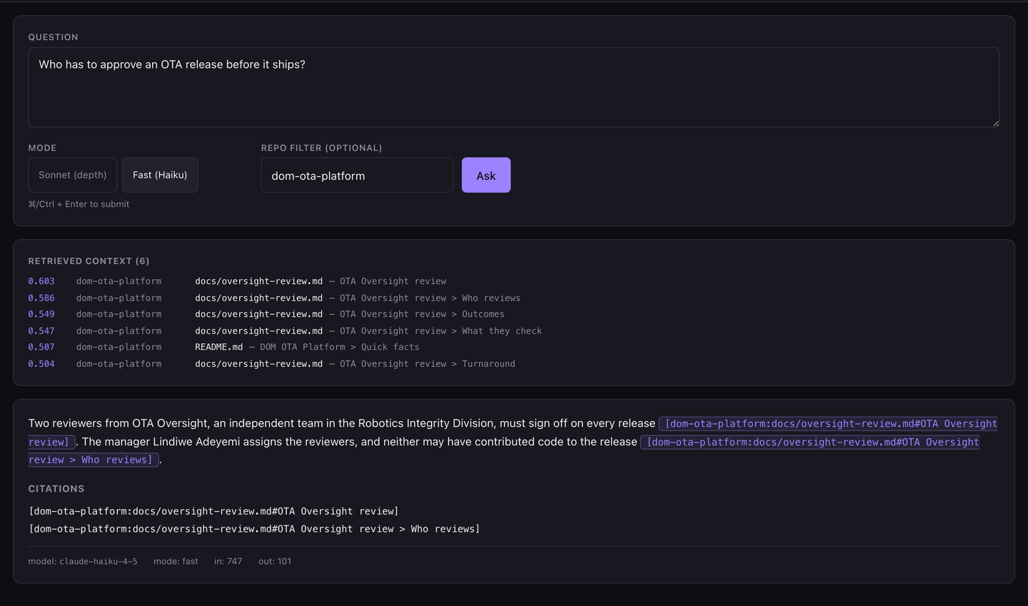 Cortex's Ask page in Fast mode: six retrieved chunks and a short cited answer naming who must approve an over-the-air release.
