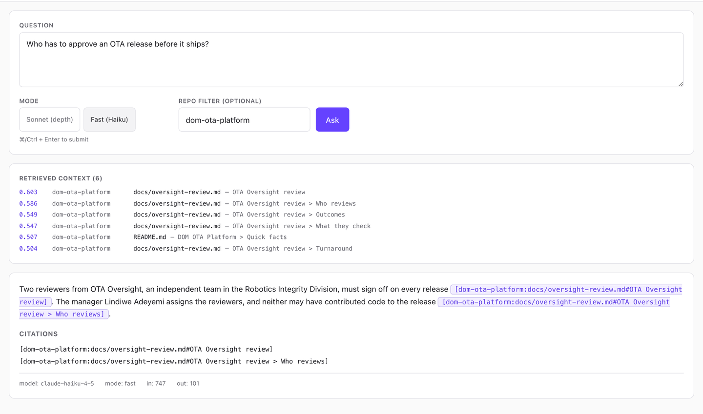 Cortex's Ask page in Fast mode: six retrieved chunks and a short cited answer naming who must approve an over-the-air release.