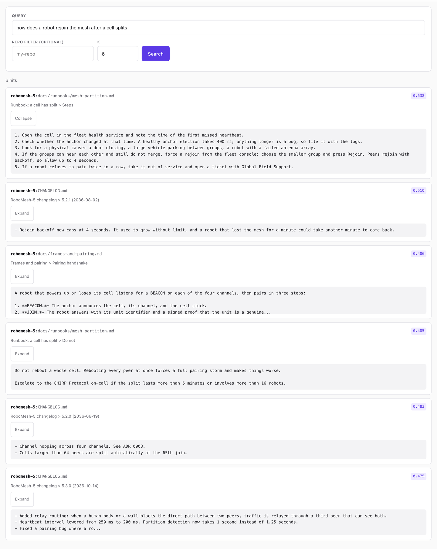 Cortex's Search page with one hit expanded to its full text.